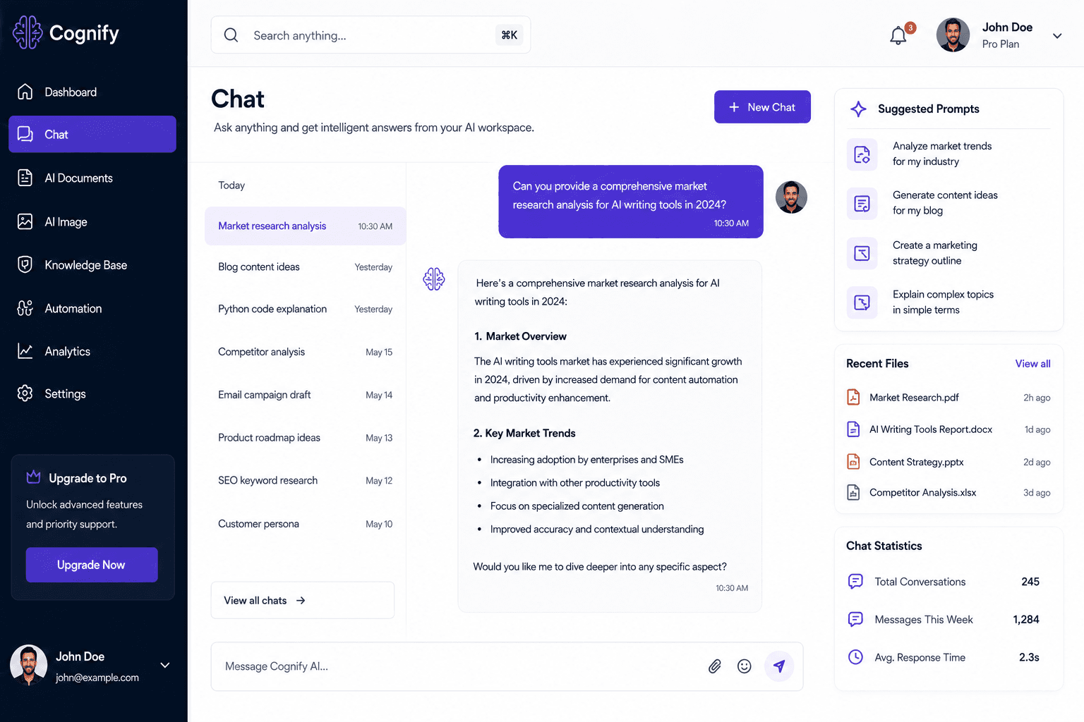Cognify AI chat workspace