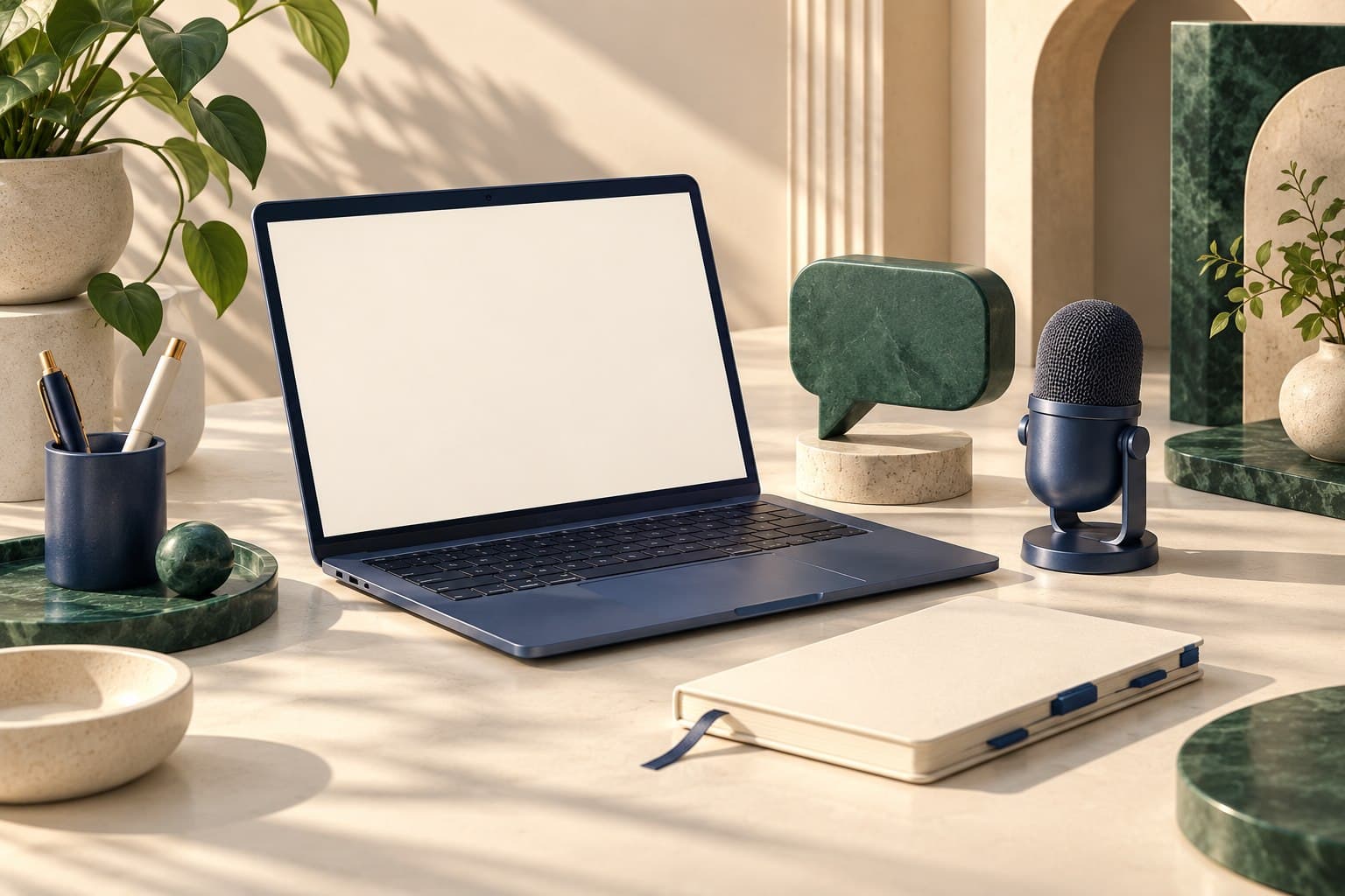 A laptop, microphone, notebook, and green conversation bubble arranged for a prepared client call.