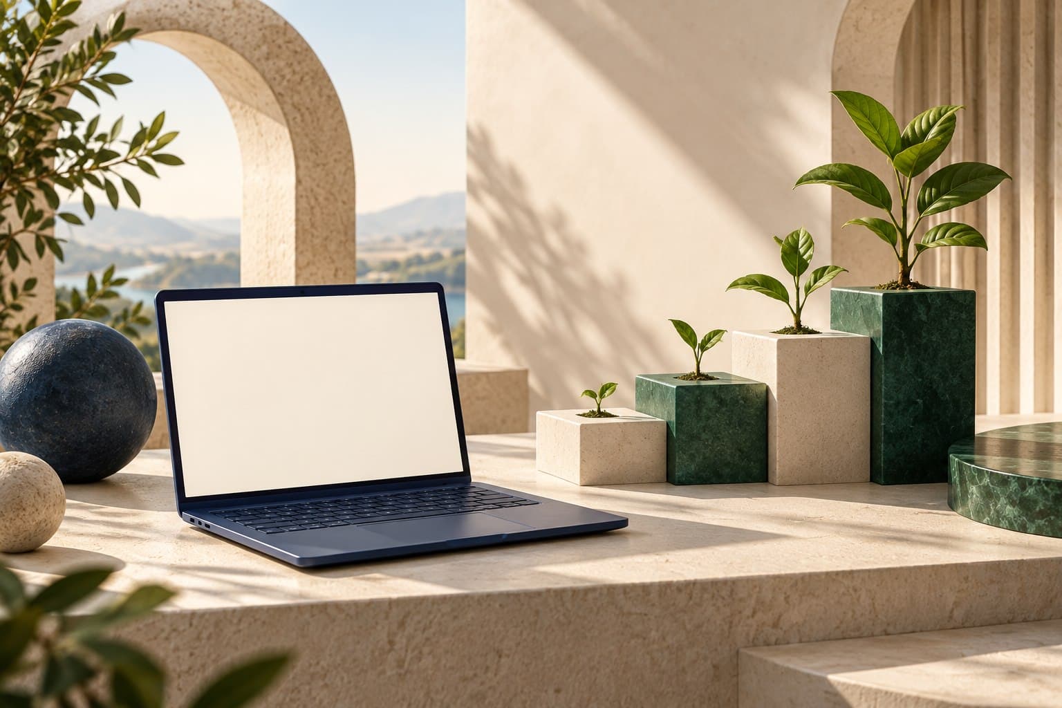A laptop beside a series of stone steps with gradually growing green plants.